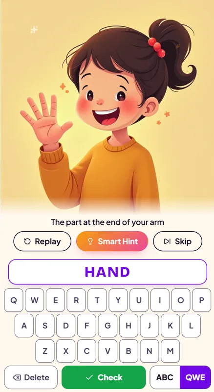 The SpellCrush app spelling the word HAND, with an illustration and an on-screen keyboard